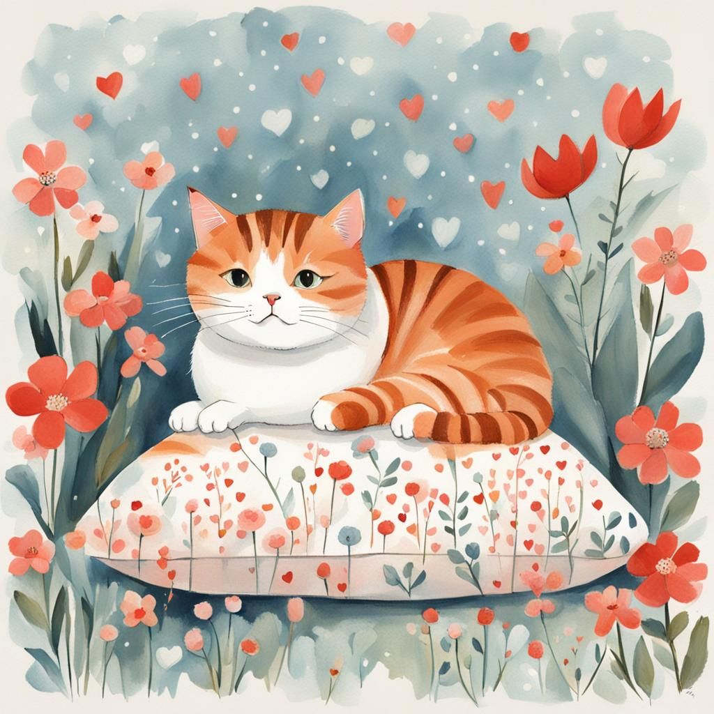 Cute Cat Surrounded by Flowers and Heart Lights