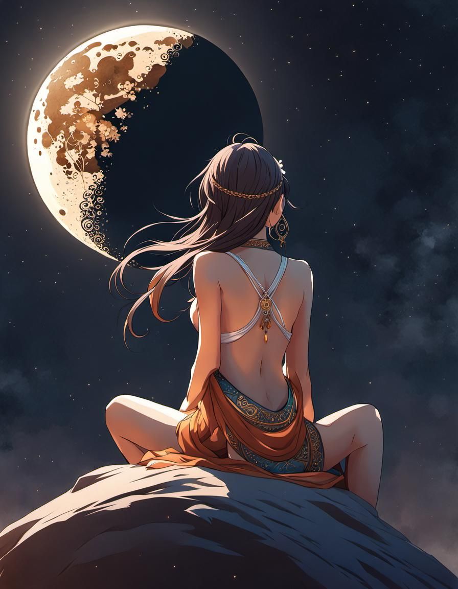 Bohemian Woman Gazing at Moon: Watercolor Illustration