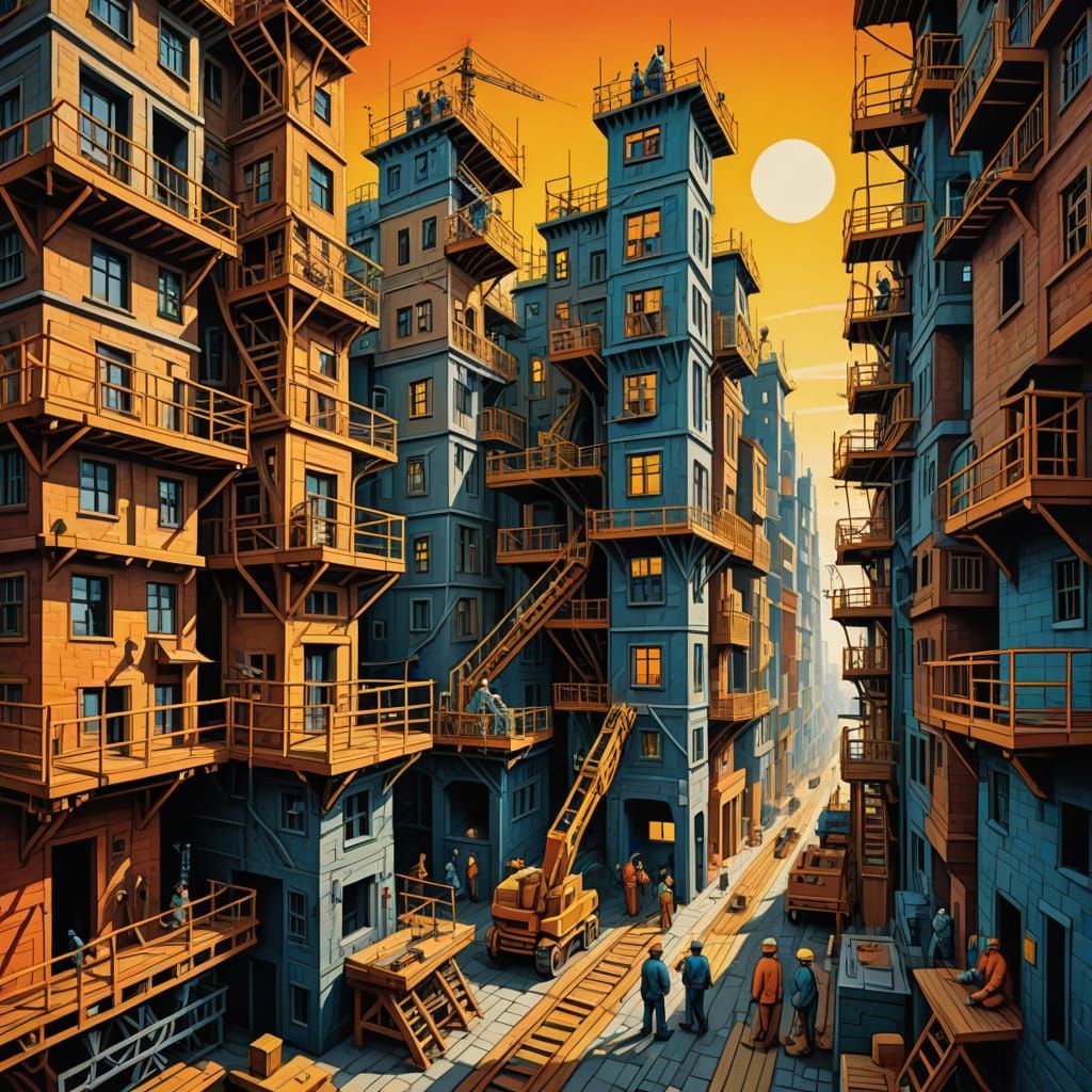Stickmen Build City: Vibrant Digital Oil Painting