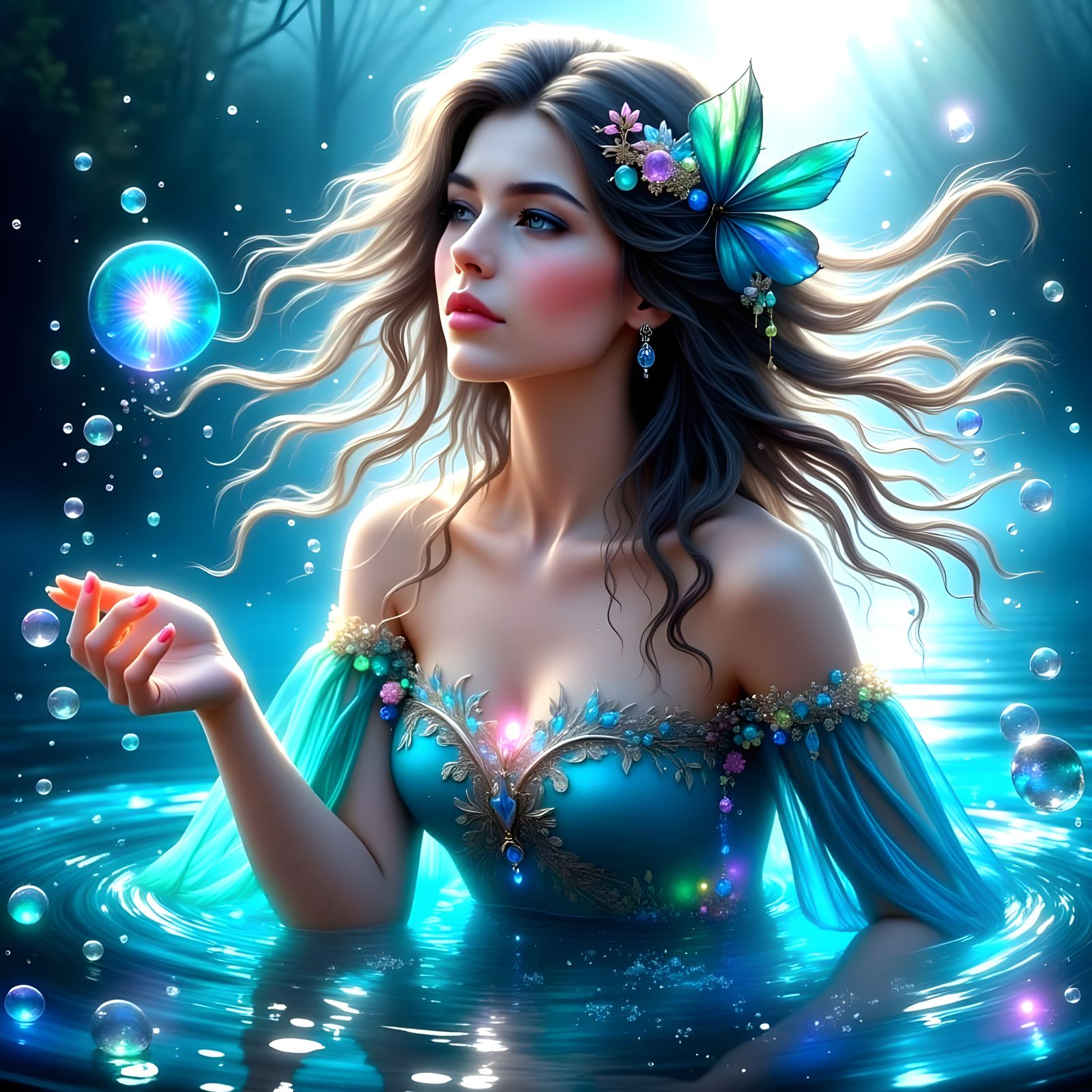 Lady of the Lake Enchantress Surrounded by Bubbles in Vibran...