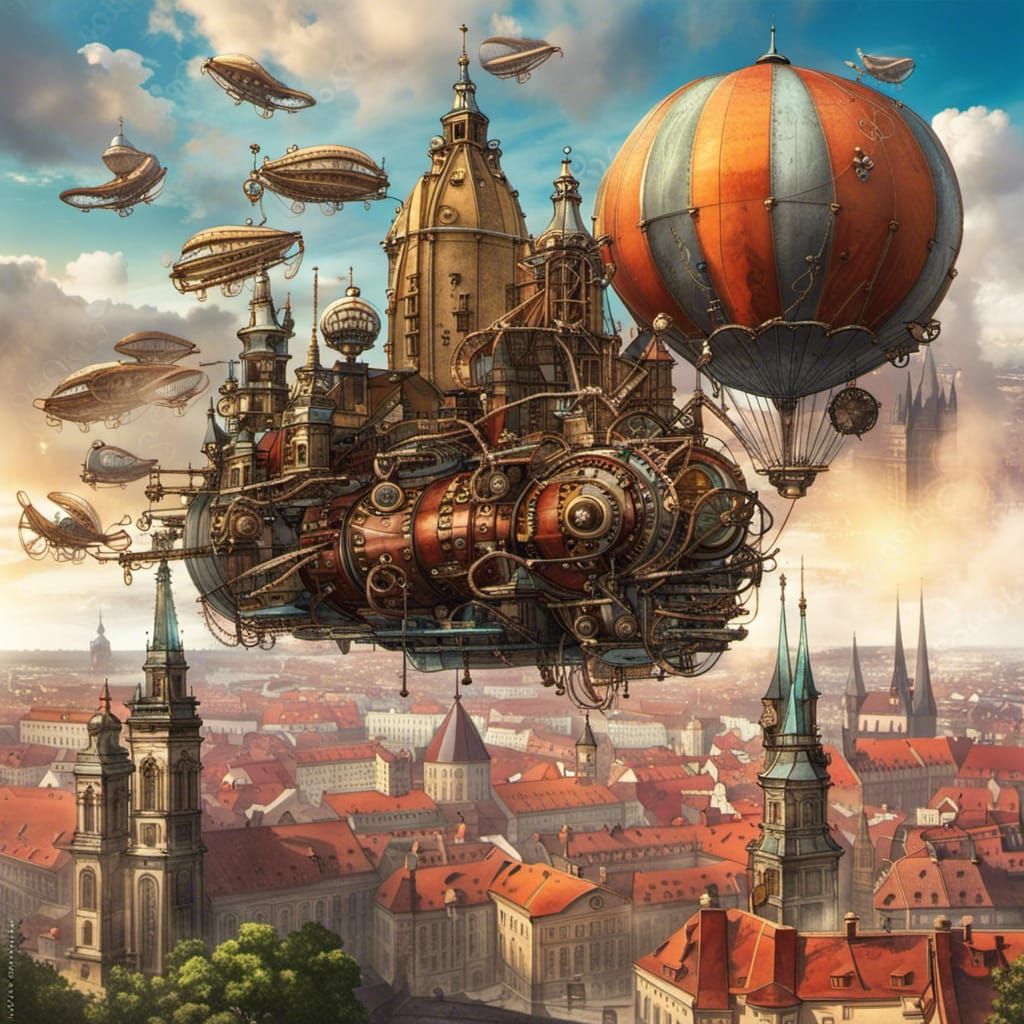 imaginative and colorful steampunk adaptation of the Prague Castle, Czech Republic, with flying airships in the backgrou...