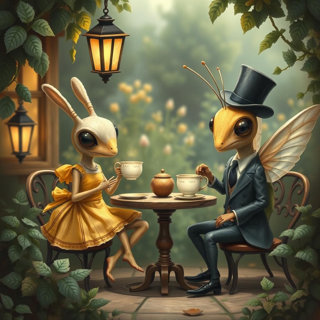 Phasmids and Cricket Tea Party, Whimsical Illustration