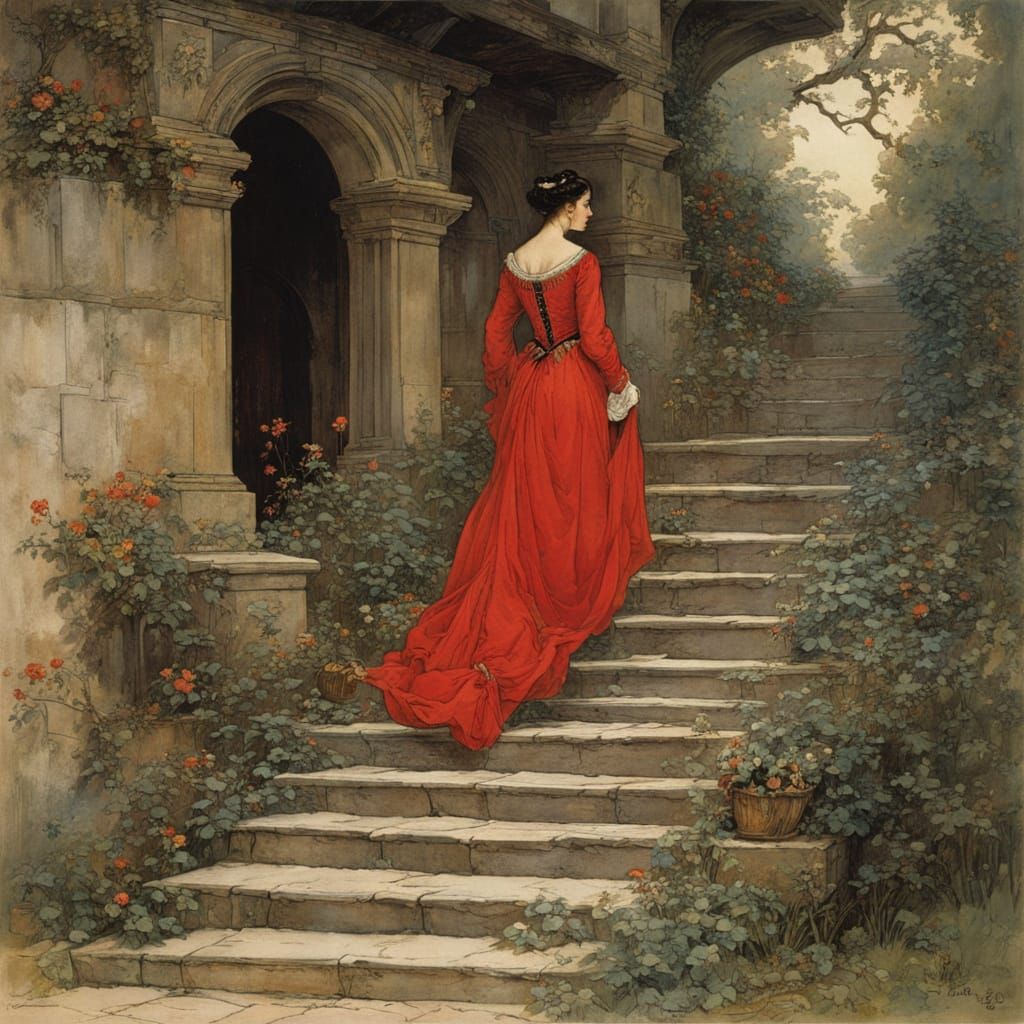 Medieval Woman Descending Stairs in a Beautiful, Colorful Sc...