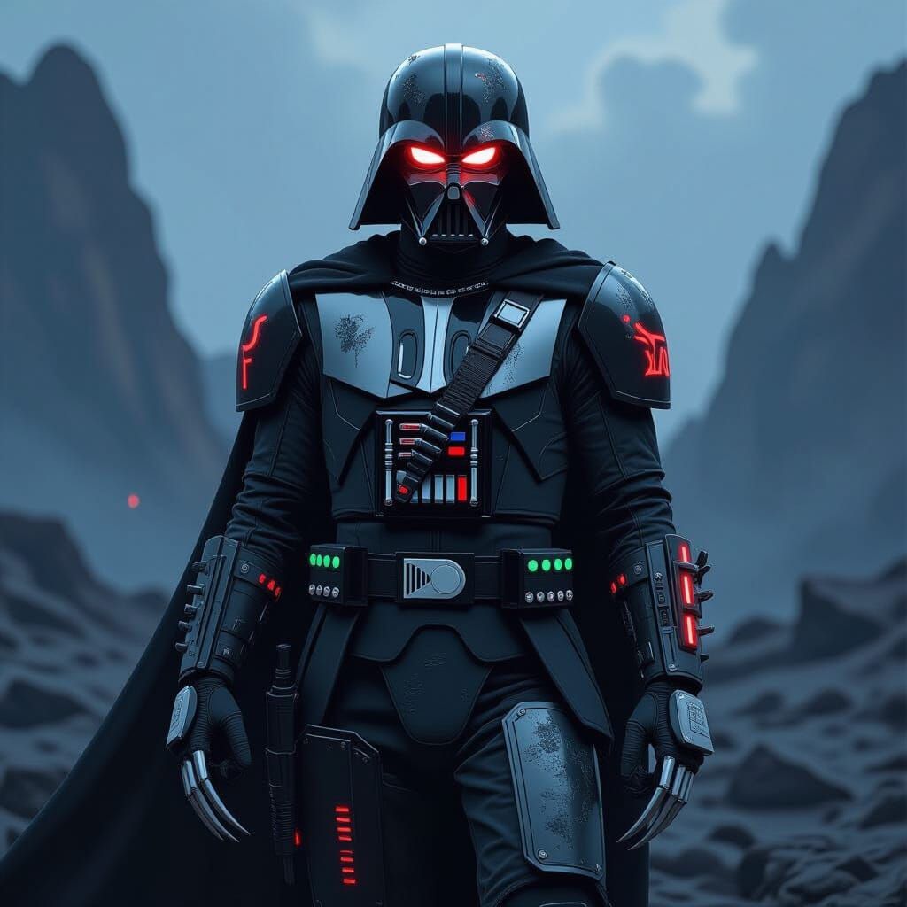 Mandalorian Vader Predator Hybrid in Stormy Alien Landscape