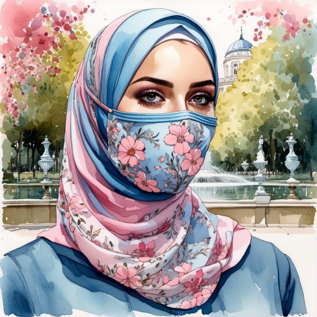 Young Woman in Hijab with Flowered Mask