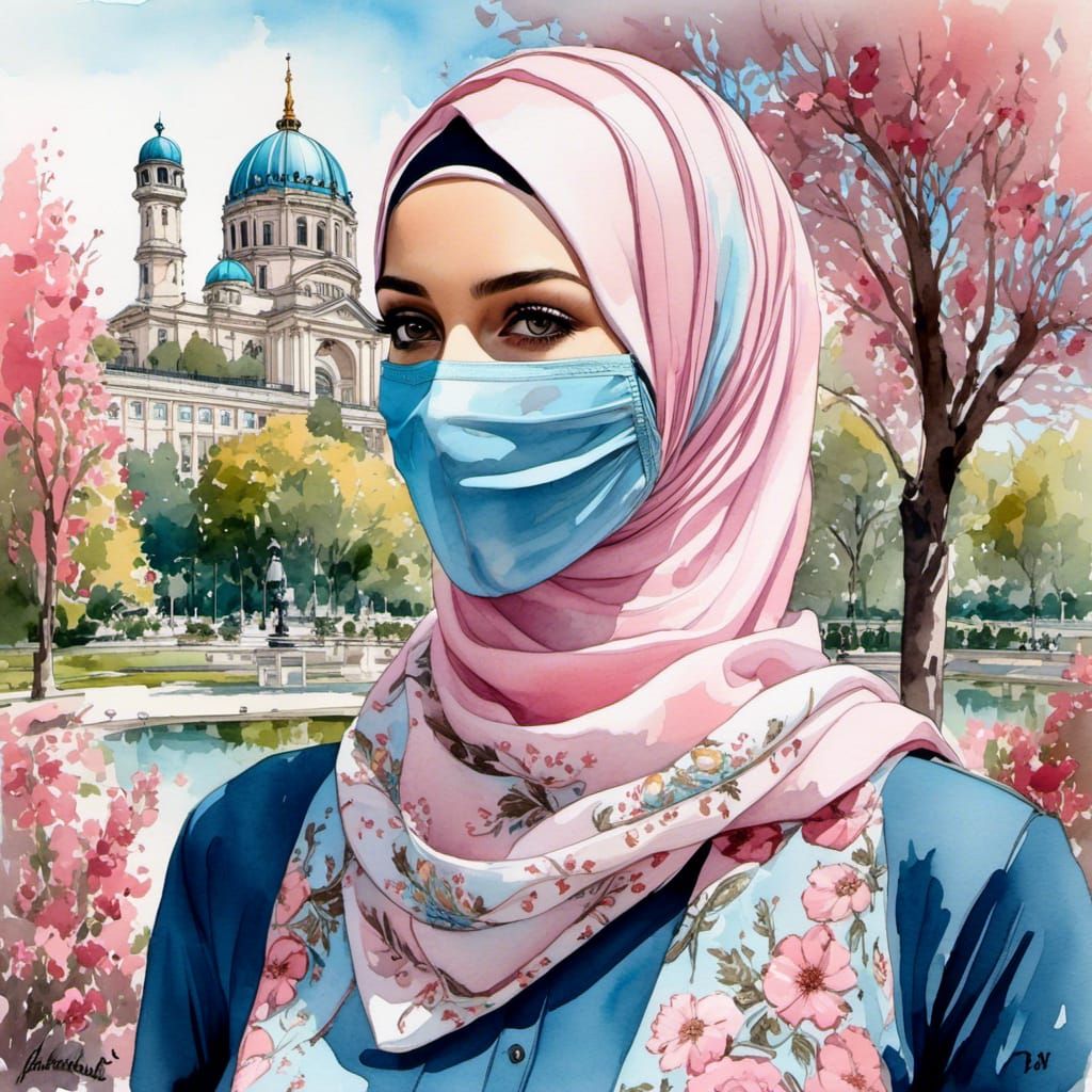 A Young German Hijabi Woman in a Vibrant Watercolor Style