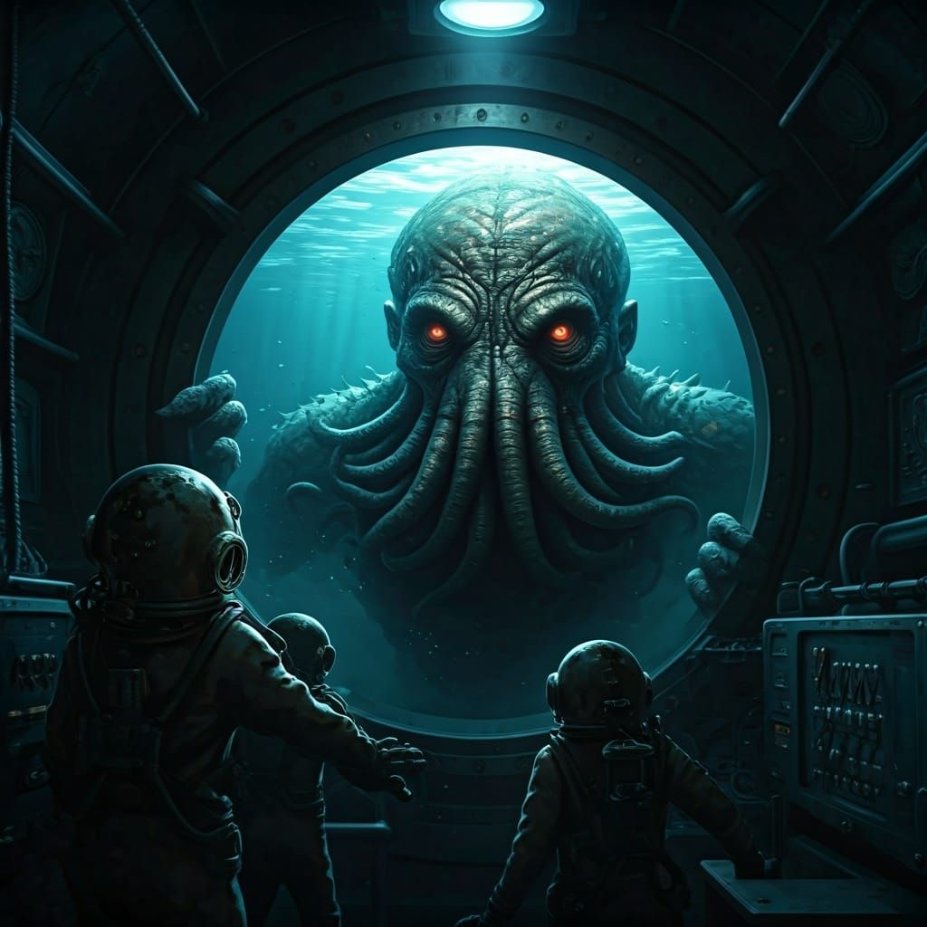 Towering Cthulhu Terrifies Submarine Crew: Realistic Photo