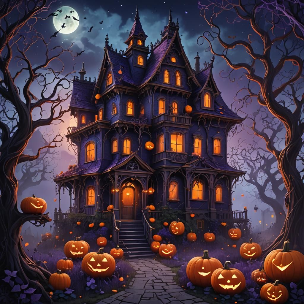 Haunted House with Kissing Pumpkins in Dark Fantasy Style
