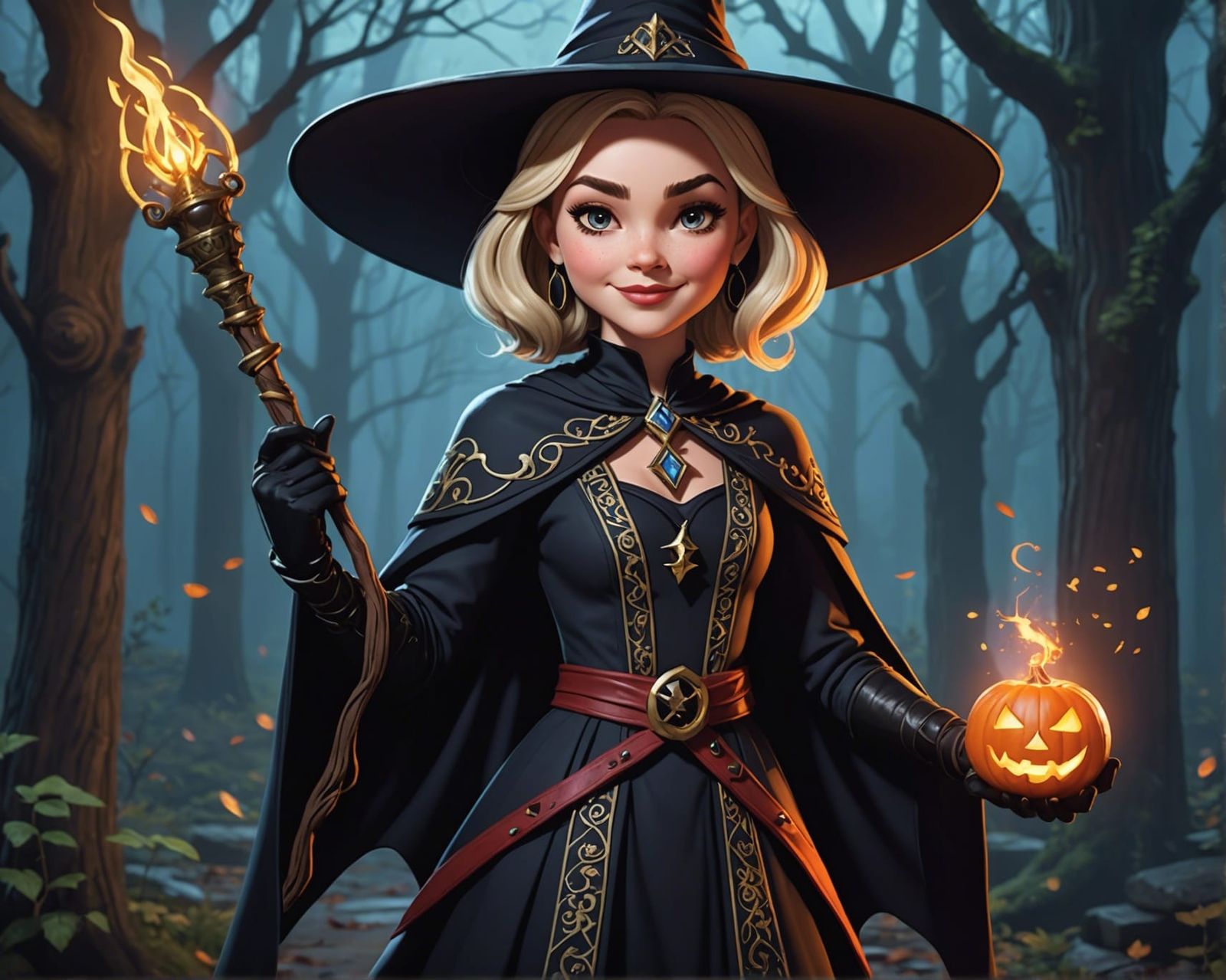 Retro Cartoon Witch with Magical Staff