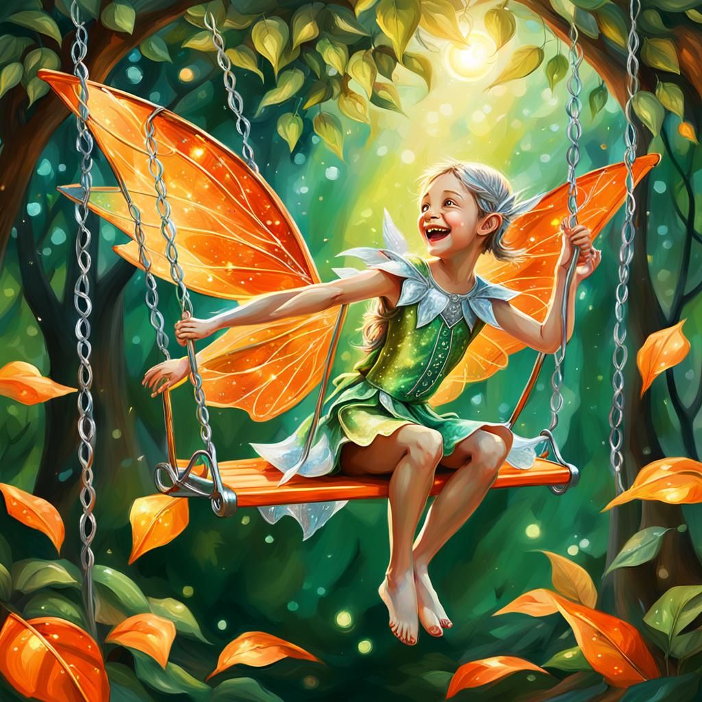 Elf Girl on Swing: Vibrant Oil Painting