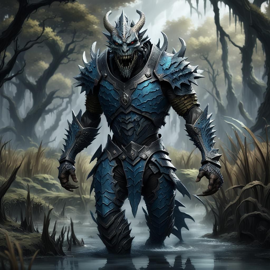 Eerie Swamp: Armored Dragon-Man in Detailed Matte Painting