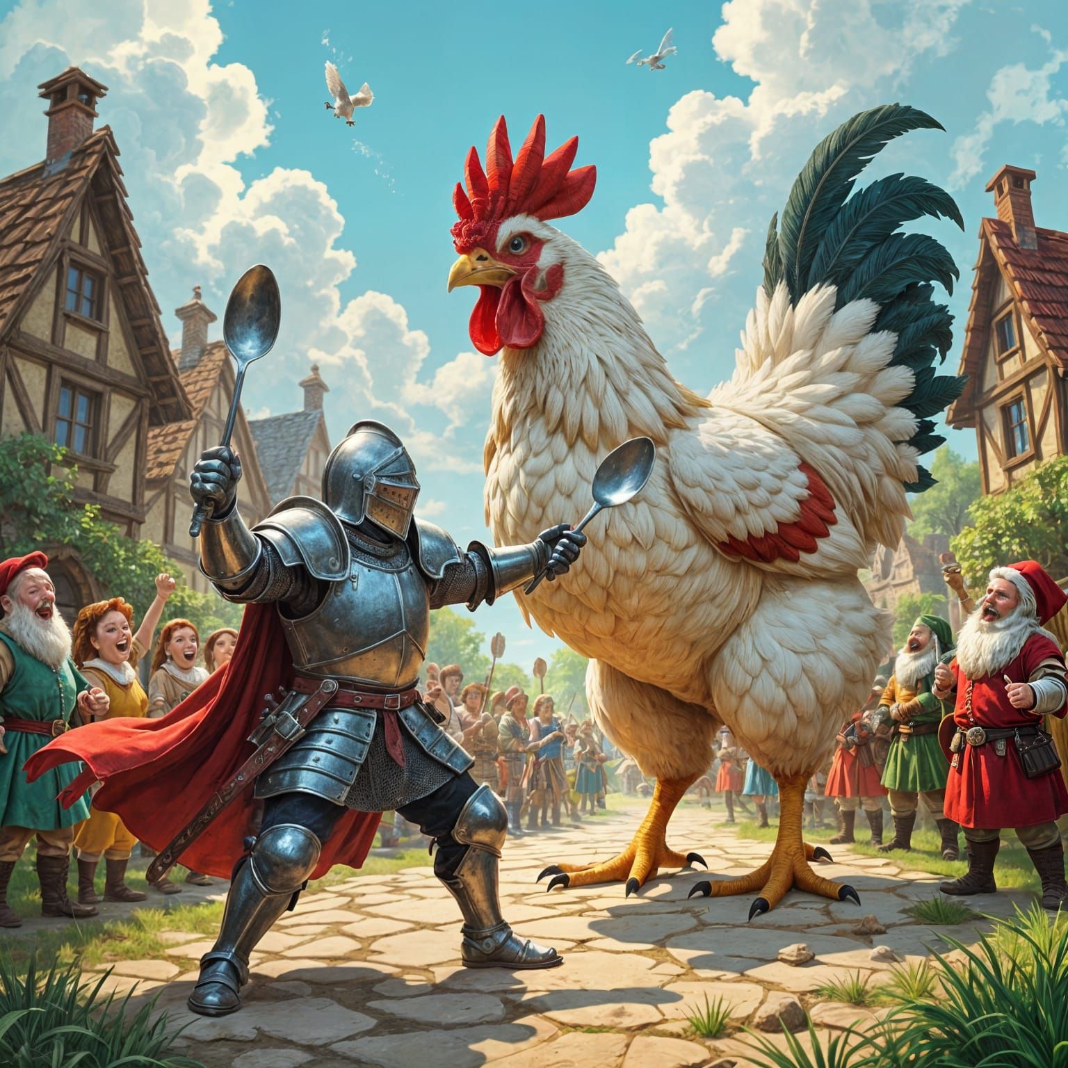 Knight vs Giant Chicken in Cartoon Style