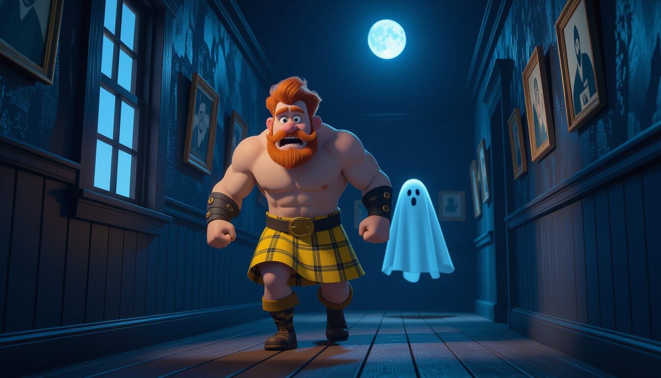 Scared Man in Kilt Tiptoes Down Hallway