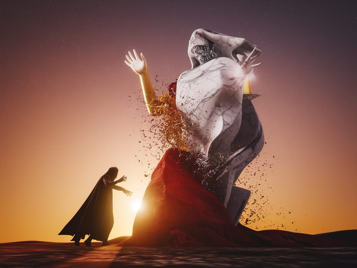 Surreal Marble Statue Awakens at Sunrise