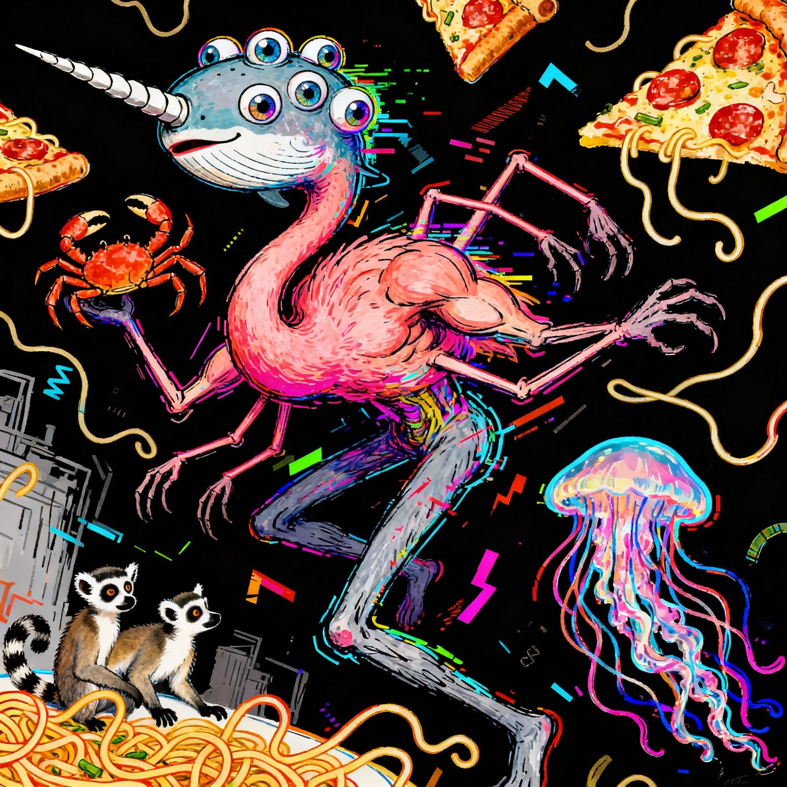 Absurd Hybrid Creature: Narwhal, Flamingo, Crab, Lemur, Jell...