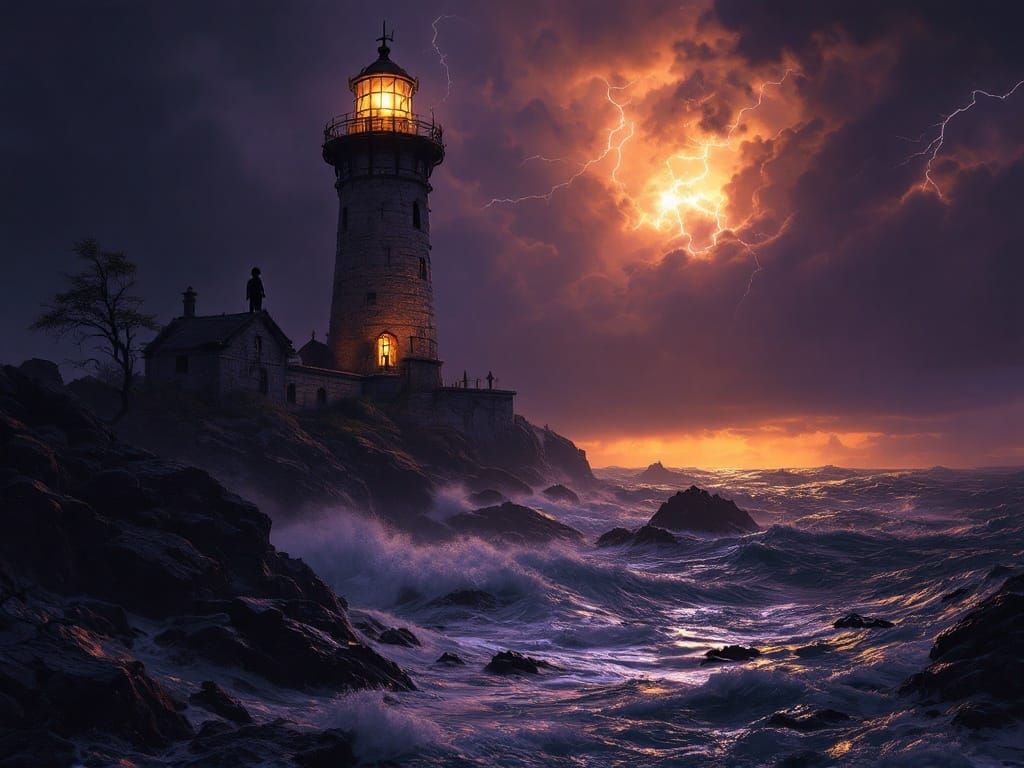 Victorian Lighthouse Illuminated Against Turbulent Stormy Ni...