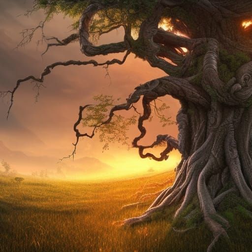 Epic Digital Painting of Gnarled Tree in Meadow