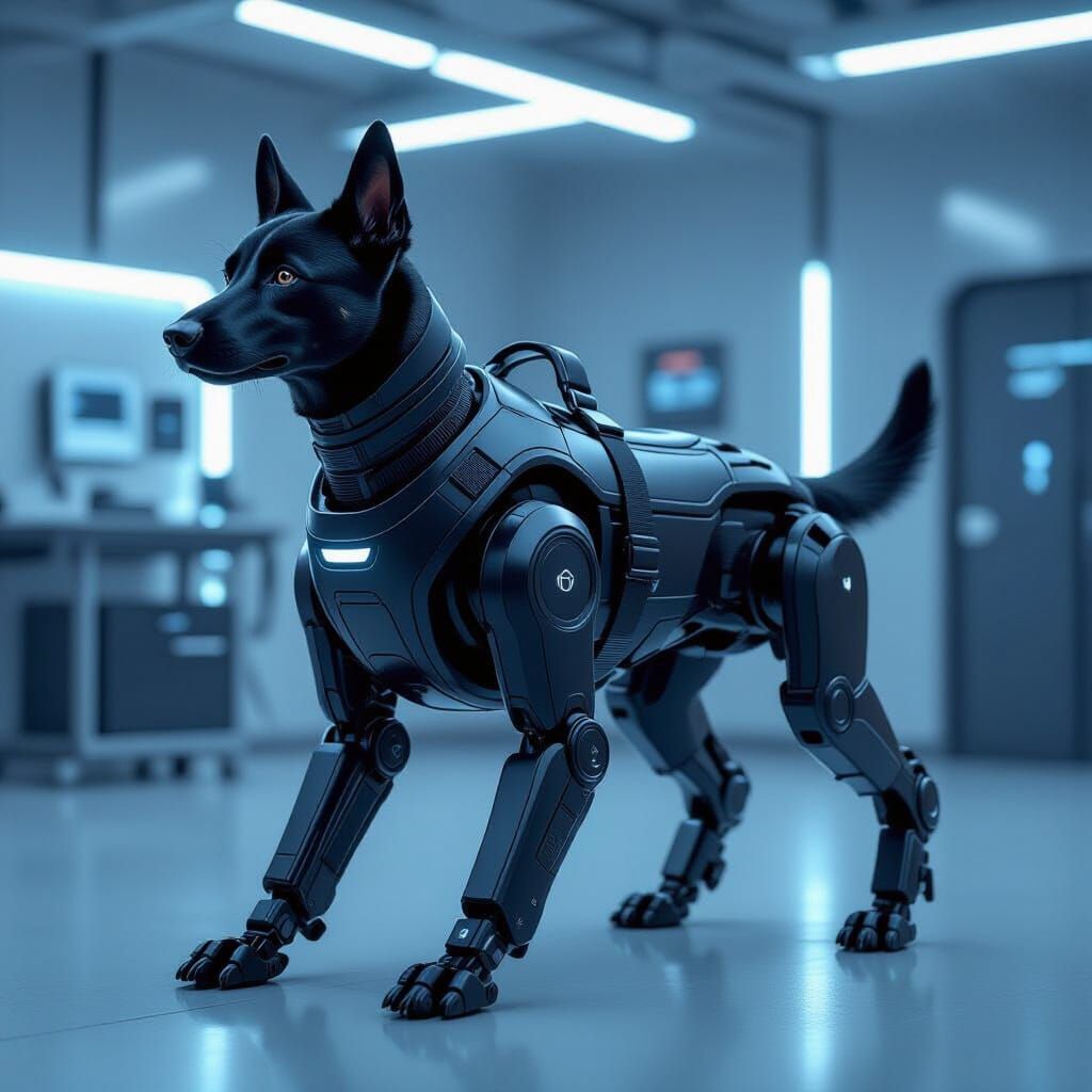 Futuristic Dog Walking Robot Vest in Minimalist Workshop