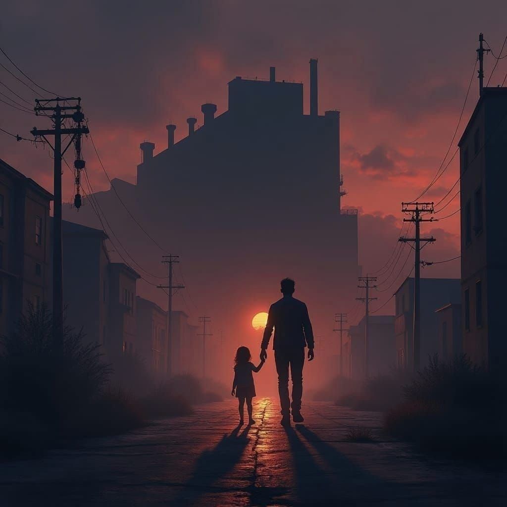 Father and Daughter Silhouette in Ominous Twilight