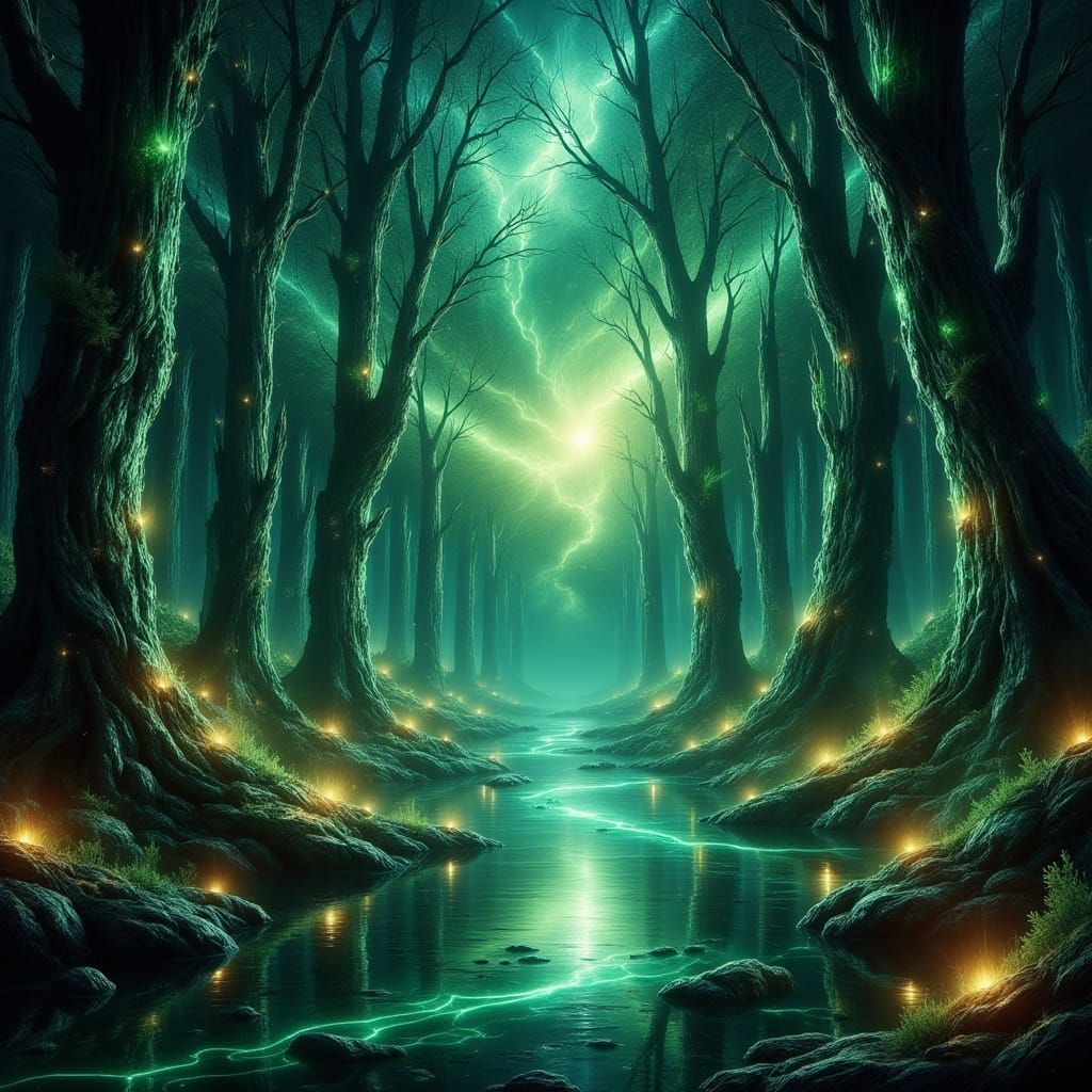 Magical Emerald Forest Clearing with Nebula Pool