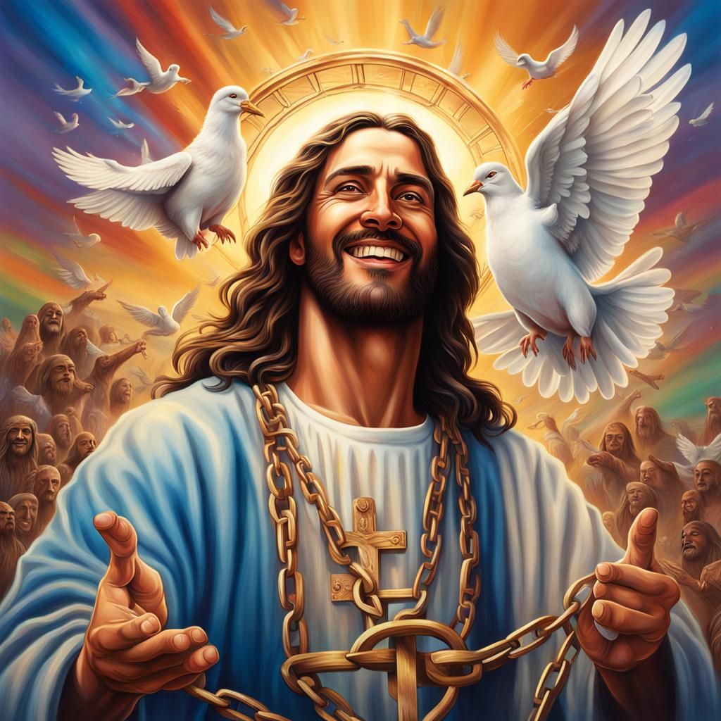 Jesus Christ Breaking Chains with Dove: Hyperrealistic Art