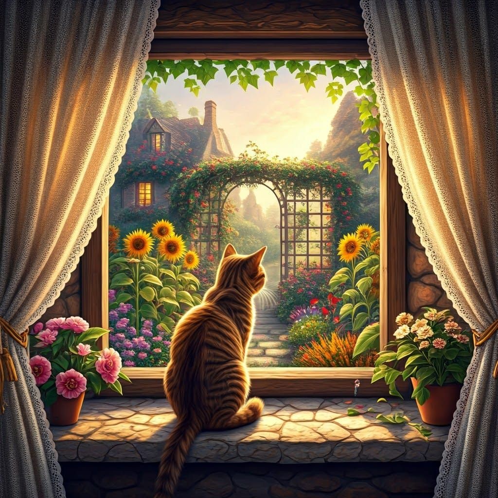 Serene Brown Tabby Cat in Idyllic Garden Setting