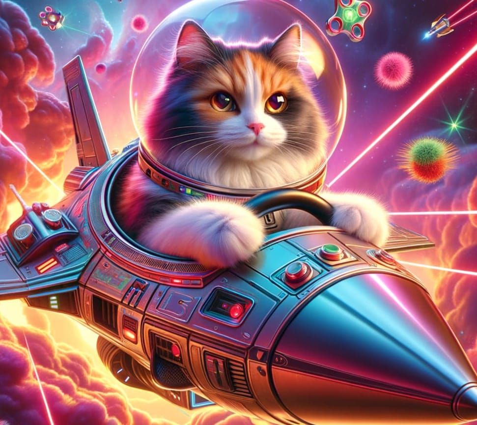 Calico Cat Piloting Spaceship Through Nebula: Hyperrealistic...