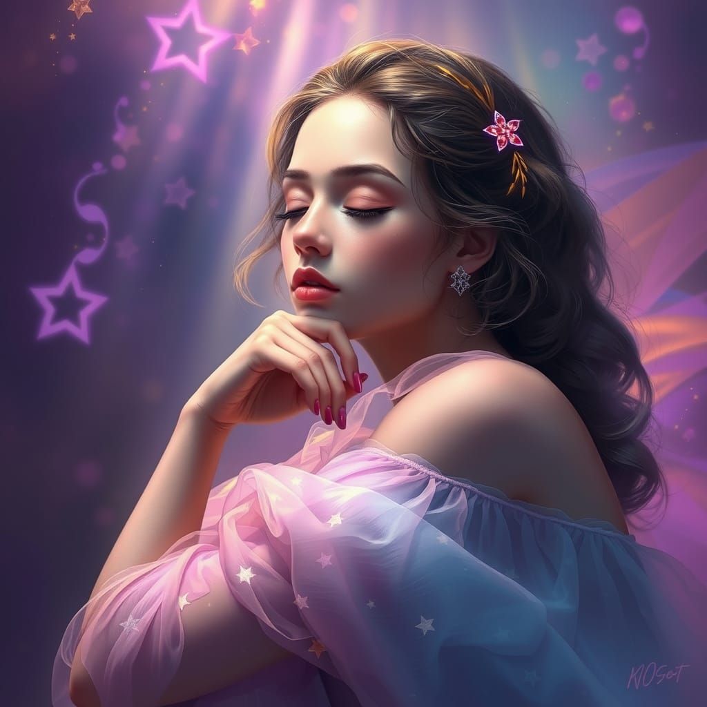 A serene young woman with closed eyes, gently resting her he...