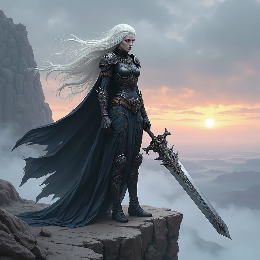 Albino Drow Warrior in Dark Fantasy Landscape