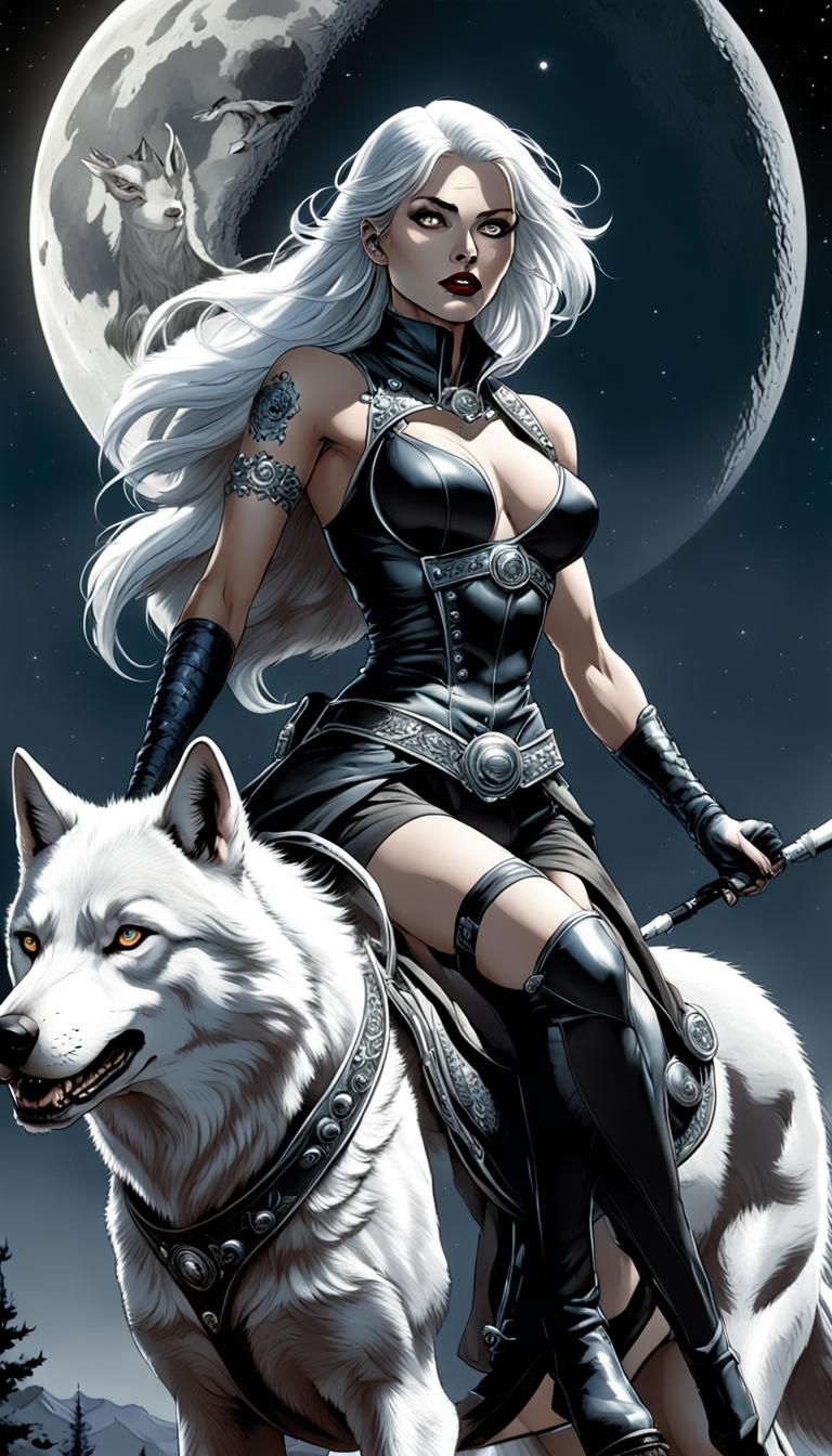 Girl Rides Wolf Under Silver Moon, Comic Book Art