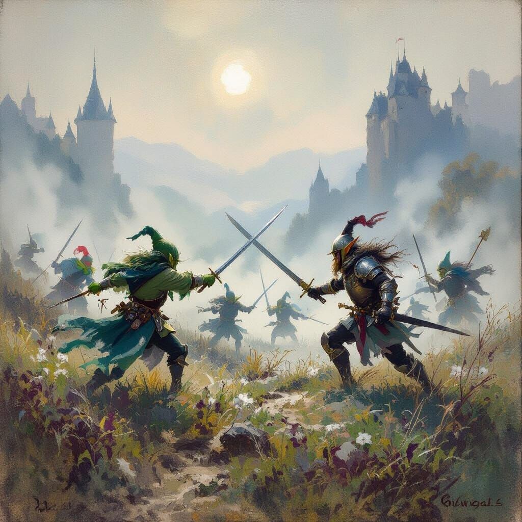 Epic Elf-Goblin Battle in Impressionist Style