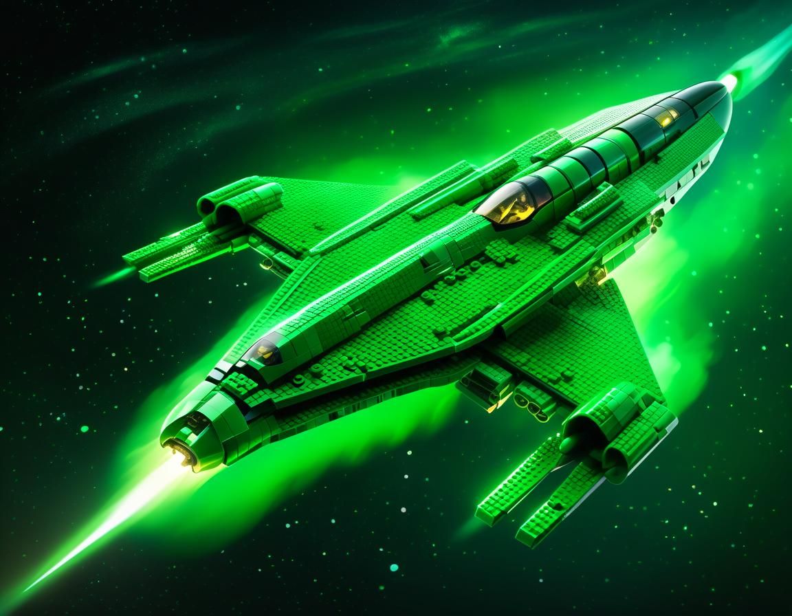 Green LEGO Spaceship Soaring Through Nebula, 3D Render