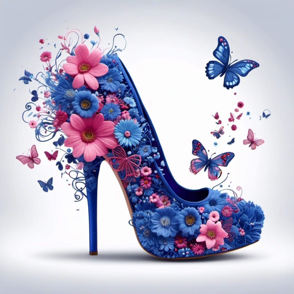 <lora:Flowers:1.0> Lady's high heel shoes
Royal blue color
Blue and pink blue flowers inside shoe
Blue and pink butterfl...