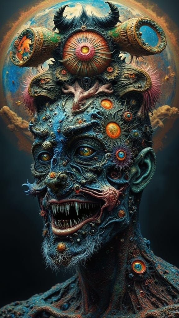 Fractal Faced Man in Digital Inkblot Horror Style