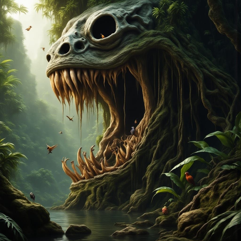 Ancient Stone Face Erupts from Misty Jungle