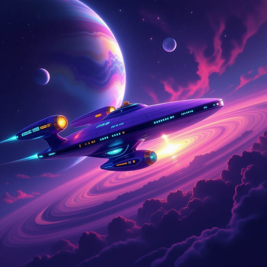 Purple Starship Over Venus in Digital Painting Style