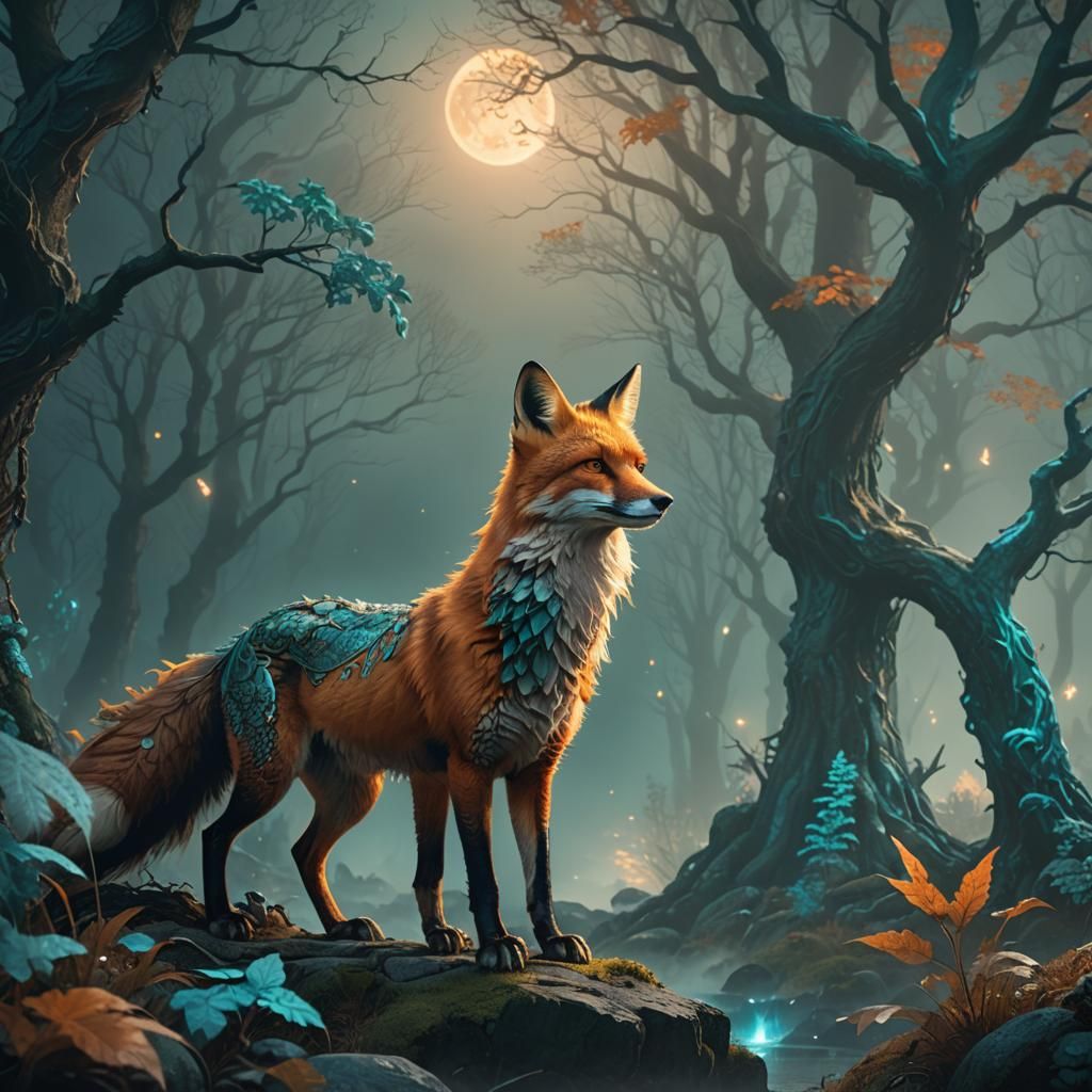 Dragon Fox in Misty Forest, Digital Painting