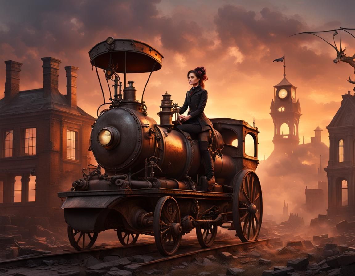 Girl Rides Steampunk Dragon in Burning Victorian Ruins