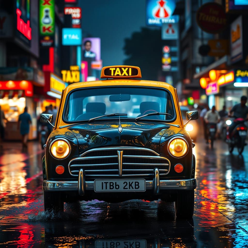 A Classic Mumbai Taxi Drives Through the City at Night