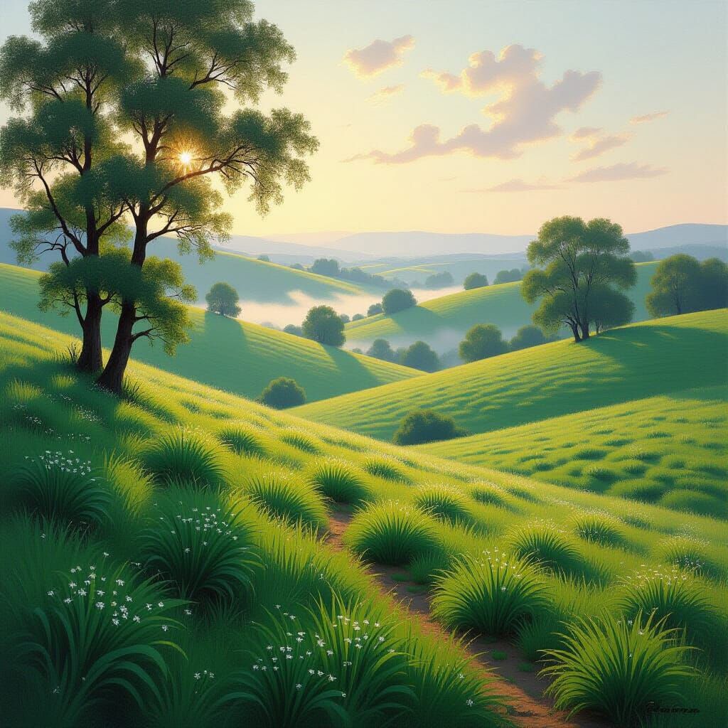 Impressionistic Oil Painting of Serene Dawn Landscape