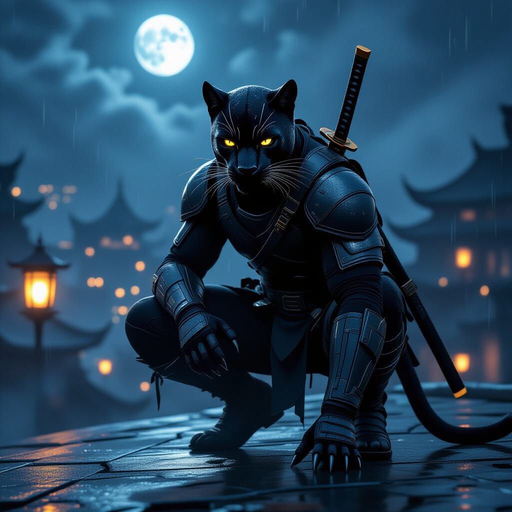 Black Panther Ninja on Rooftop in Cinematic Style