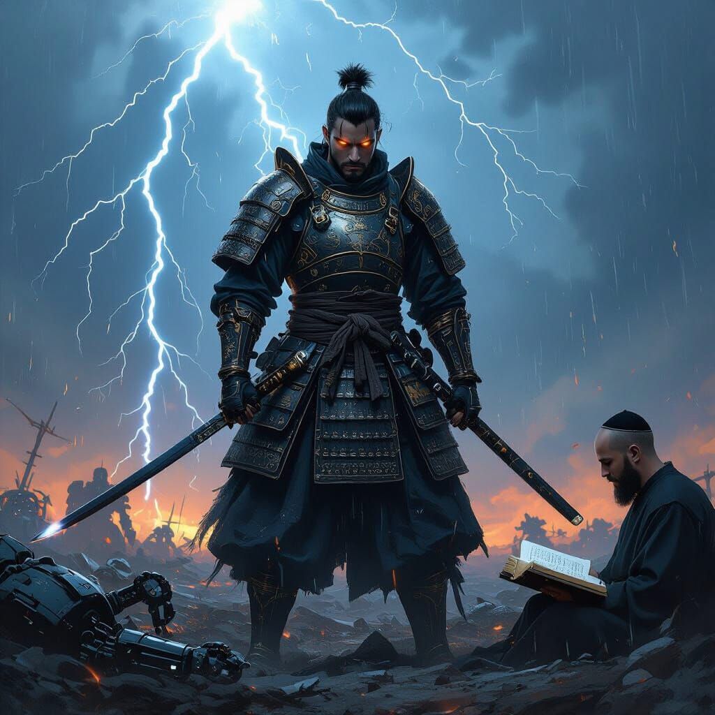 Samurai Warrior in Storm on Robot Battlefield