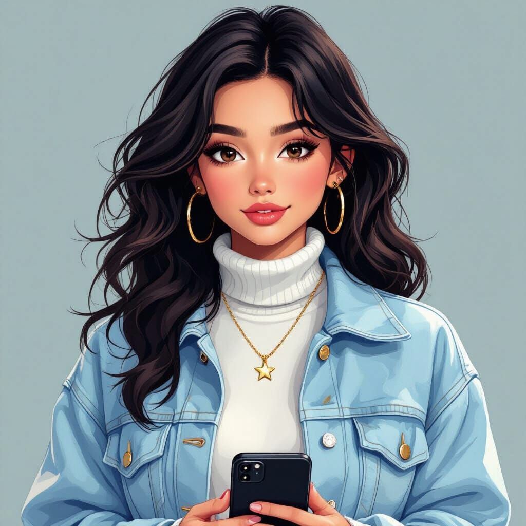Young Woman With Wavy Black Hair and Denim Jacket