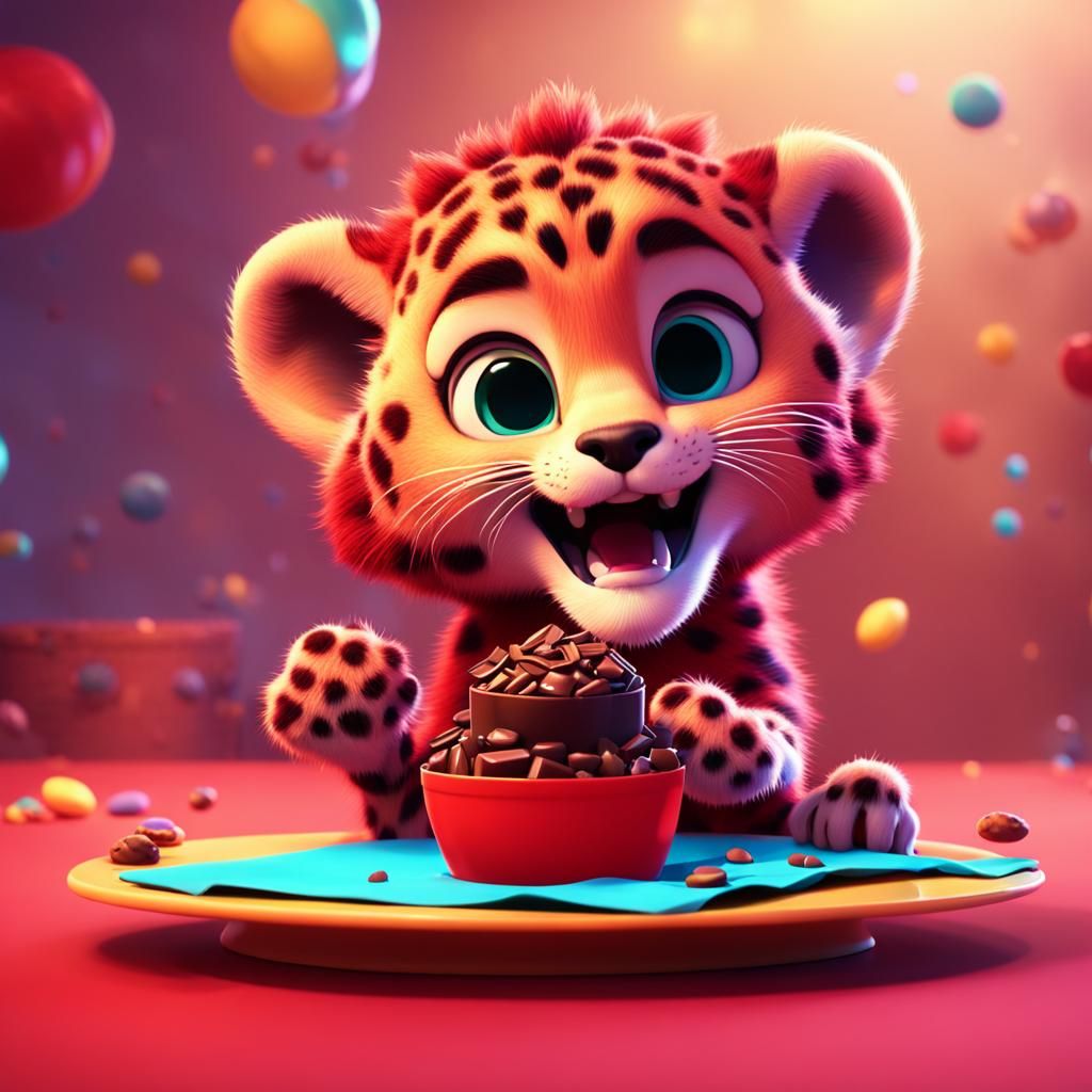 Cute Red Cheetah Cub Enjoys Chocolate: Pixar-Style 3D Art