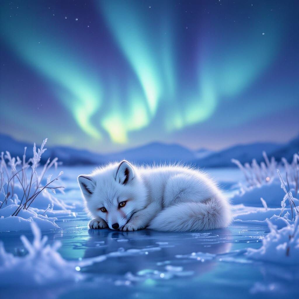 Arctic Fox Pup Under Northern Lights on Frozen Lake