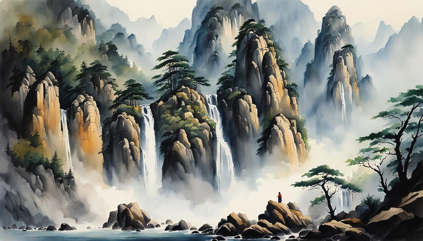 Misty Waterfall in Huangshan Mountains, Asian Animist Altar