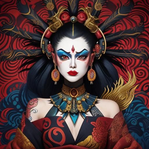 Ink splash, Kabuki head portrait, maximalist style