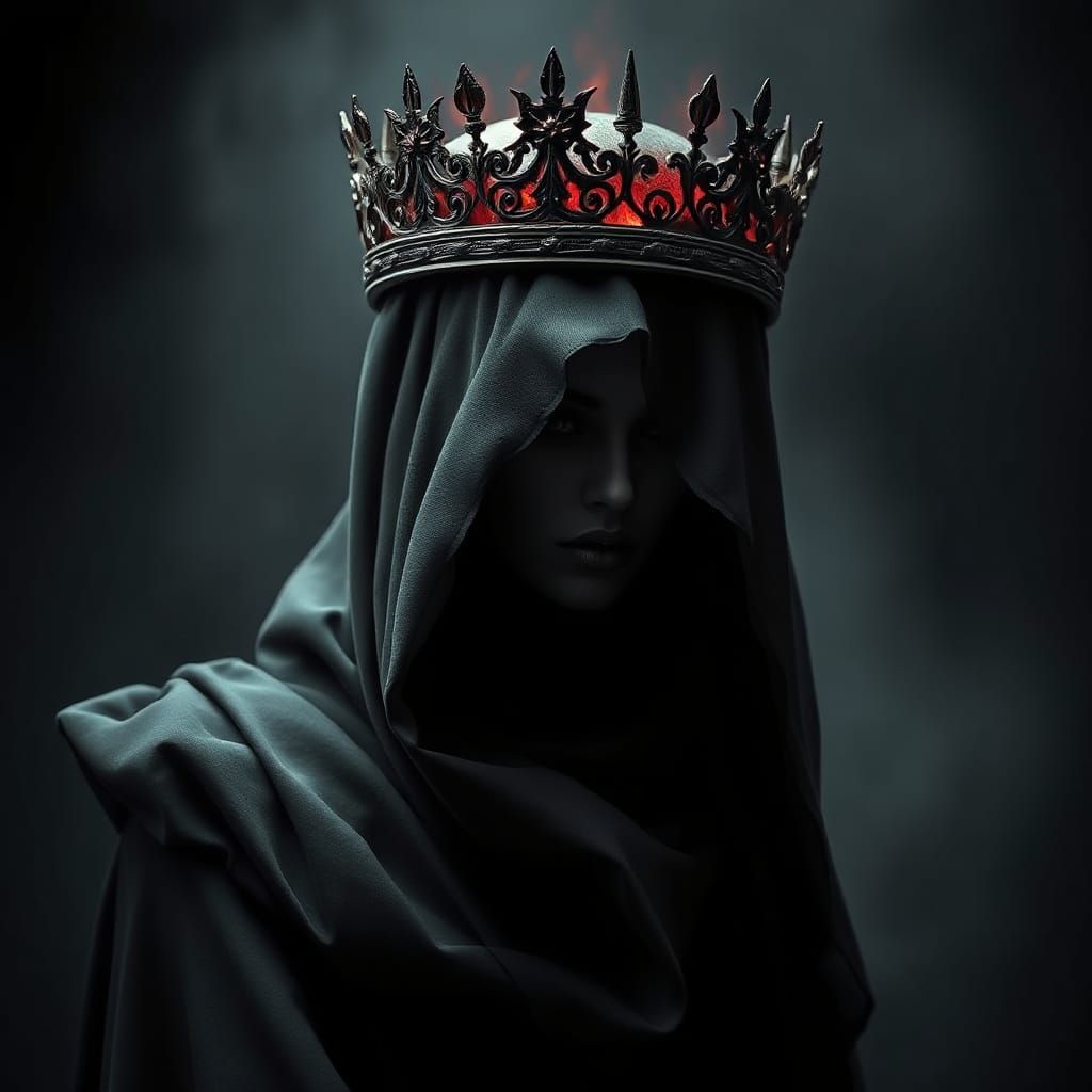 Regal Figure in Darkness with Crimson Crown