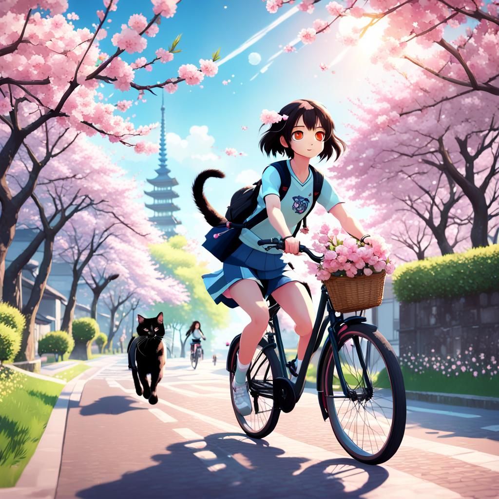 Brunette Rides Bike with Cat Under Cherry Blossoms