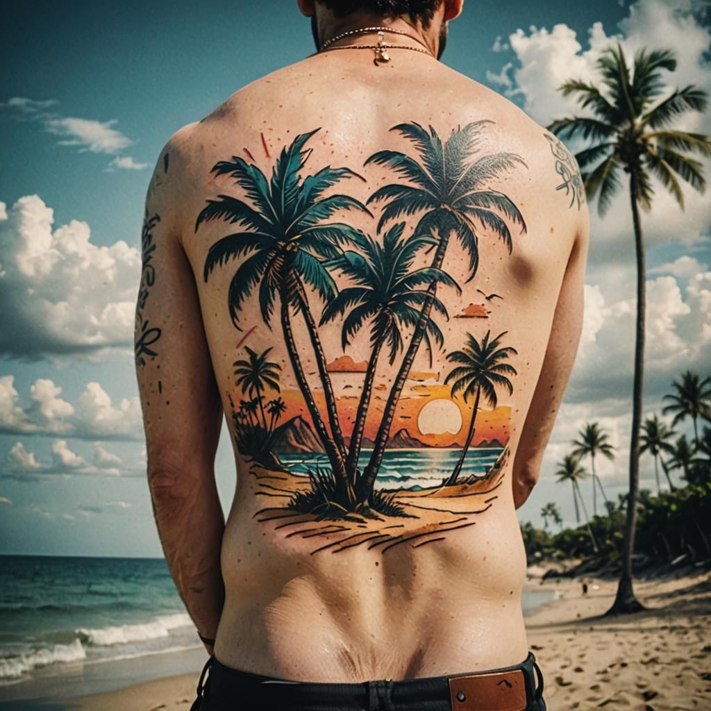 Beach Tattoo Design with Palm Trees in Cinematic Style
